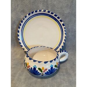 Hand‎ Painted Cup and Saucer Spanish Blue White Rivas on Bottom Spain